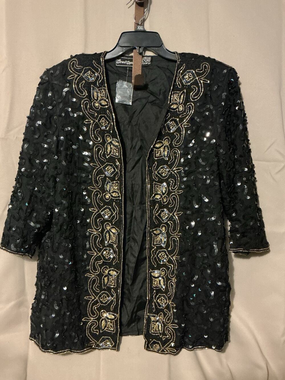 Jewel Queen Women’s Evening Jacket Black XL 100% Pure Silk Dressy Sequined